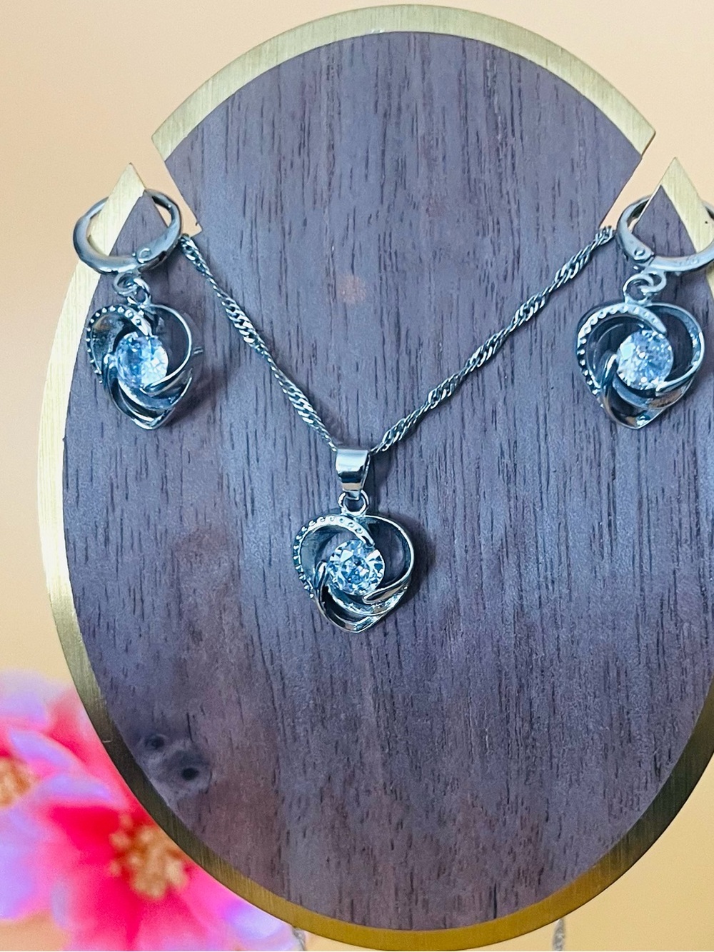 Silver and Clear CZ heart earrings/pendant set stamped .925 & matching necklace